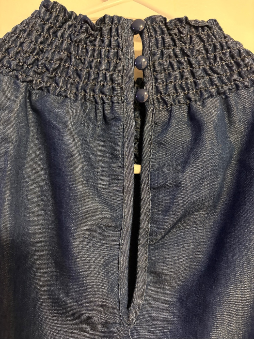 Ashley Stewart Denim Peplum Top Smocked Neck Puff Sleeves Blue Size 12/16 - Picture 9 of 12